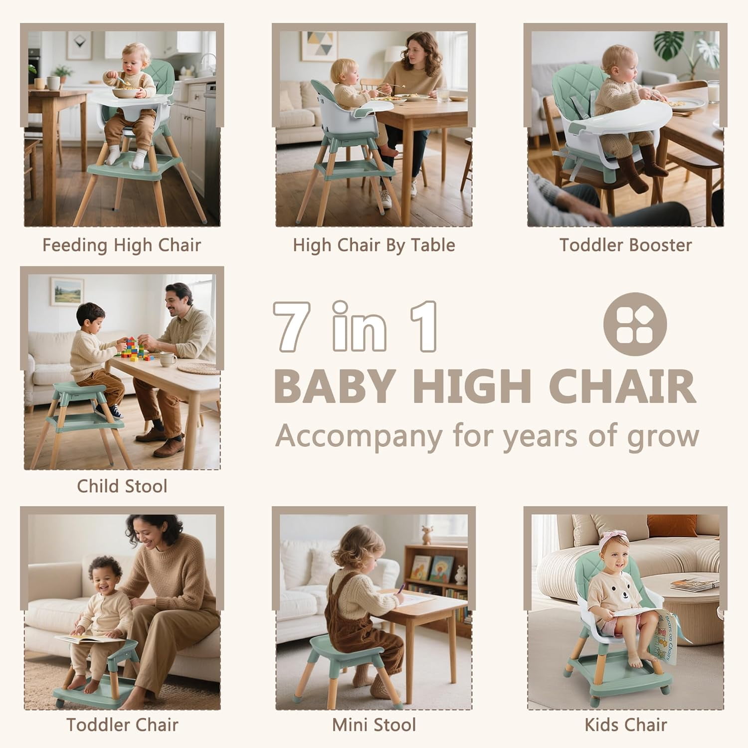 LINLUX Wood Baby High Chair, 7 in 1 Convertible Highchair, Infant Feeding Chair, Toddler Chair Green