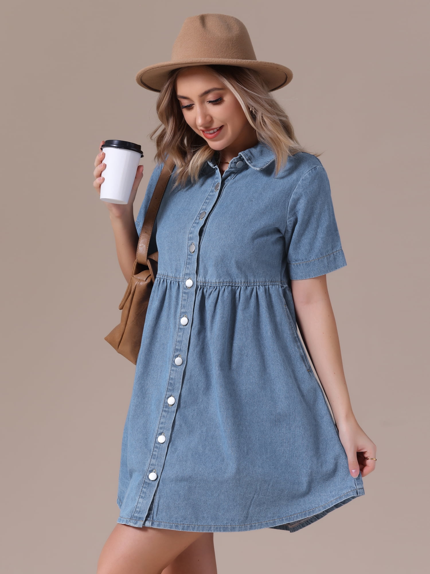 DARING DIVA Women's Denim Babydoll Collared Short Sleeve Button Down Dress XL Light Blue
