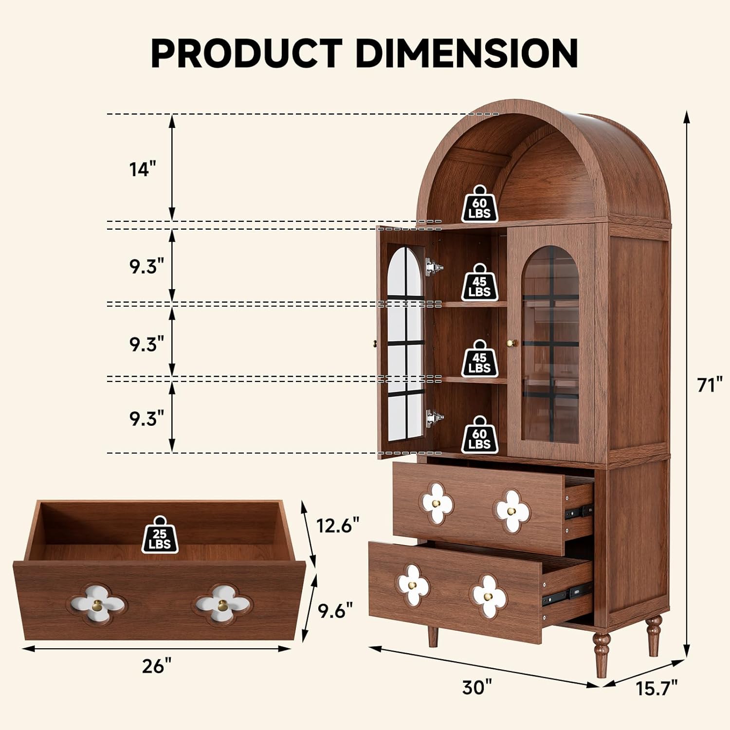 Mophoto Arched cabinet Bookshelf Bookcase Storage with Tempered Glass Doors Versatile Kitchen Cabinets,71“ Tall Food Pantry Furniture for Living Dining Room(Black)