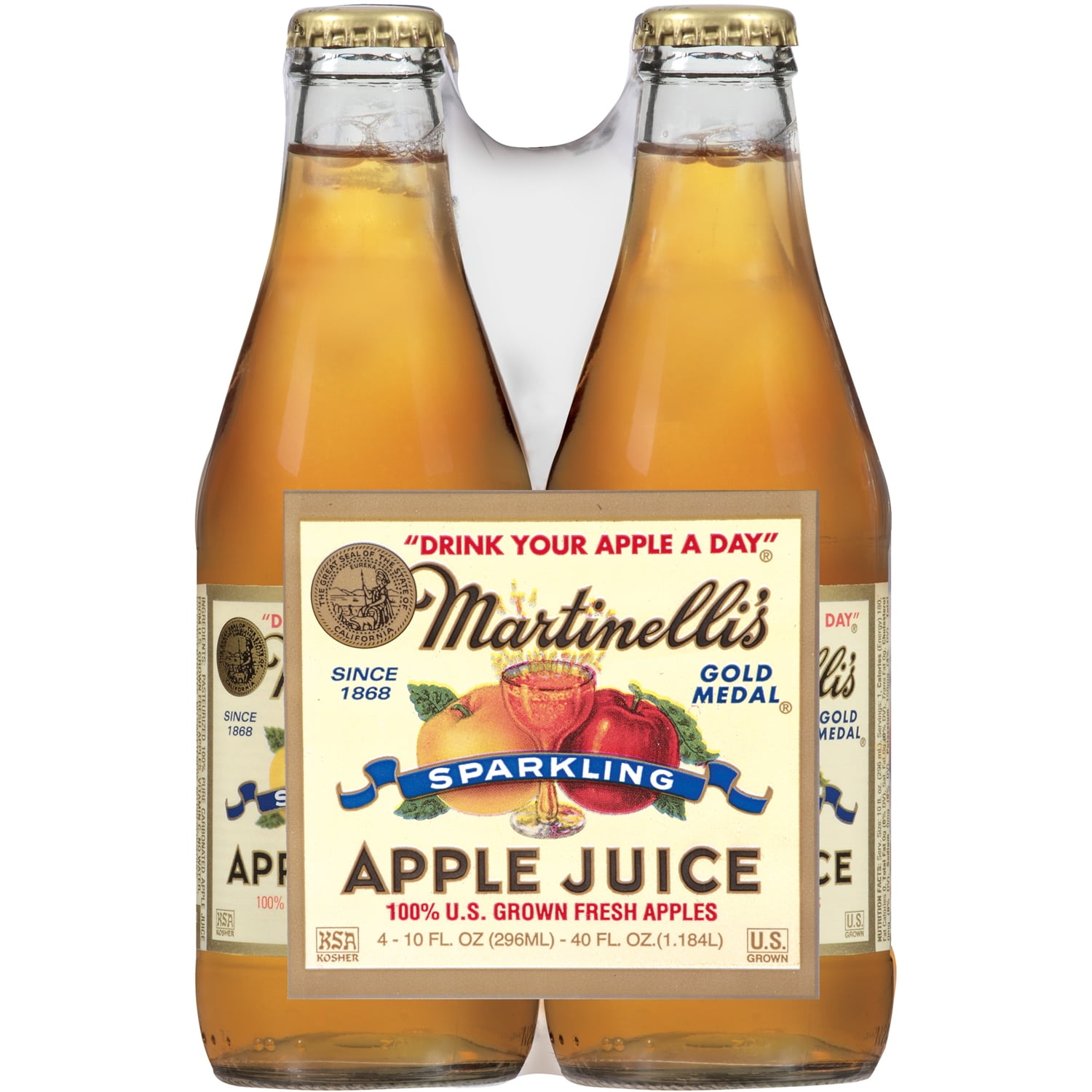 Martinelli's Gold Medal Sparkling Apple 100% Juice 10oz 4pack Glass Bottles