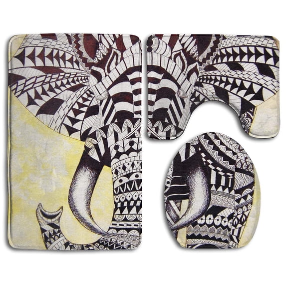 GOHAO Yellow Tribal Zebra Elephant 3 Piece Bathroom Rugs Set Bath Rug Contour Mat and Toilet Lid Cover