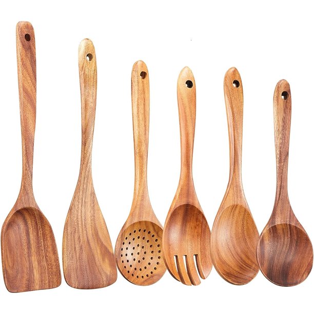 Juego de utensilios de cocina de madera, 6 cucharas de madera para cocinar, cucharas de madera de teca natural para sartenes antiadherentes.