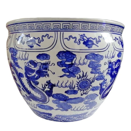 Blue & White Porcelain Planter in Dragon Design, 18 Inches - Oriental Furniture Warehouse