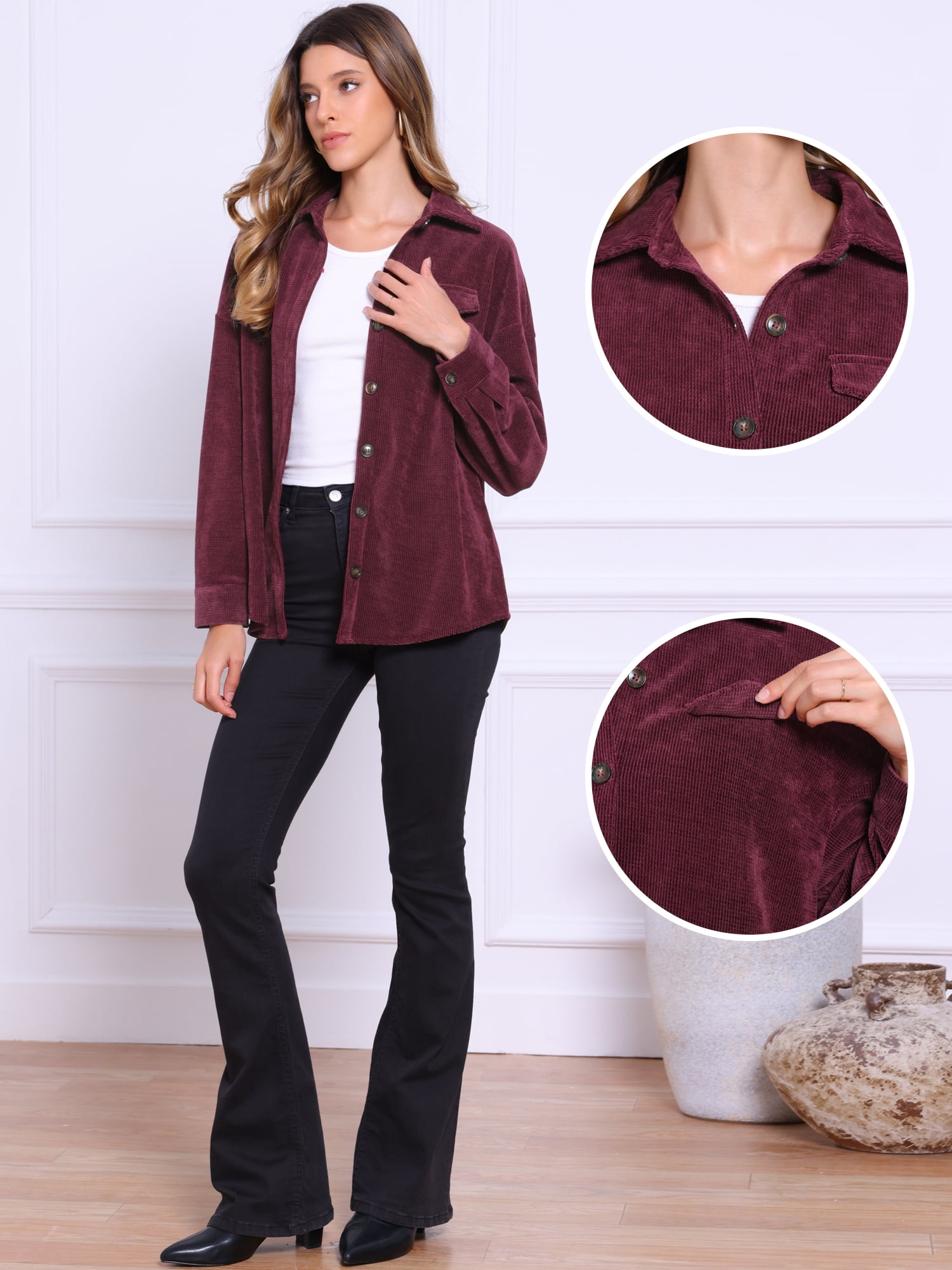 DARING DIVA Women's Button Down Oversized Casual Shirts XS Burgundy