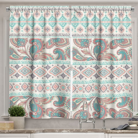 Ambesonne Tribal Kitchen Curtains, Floral Paisley and Aztec, 55"x39", Cream Aqua and Coral