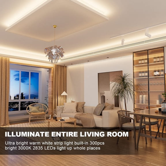 LED Strip Lights Warm White,16.4ft Dimmable LED Light Strip with RF Remote,300 Bright 3000K 2835 LEDs,Plug-in Adhesive Rope Lights with Timing Mode for Living Room Bedroom Kitchen