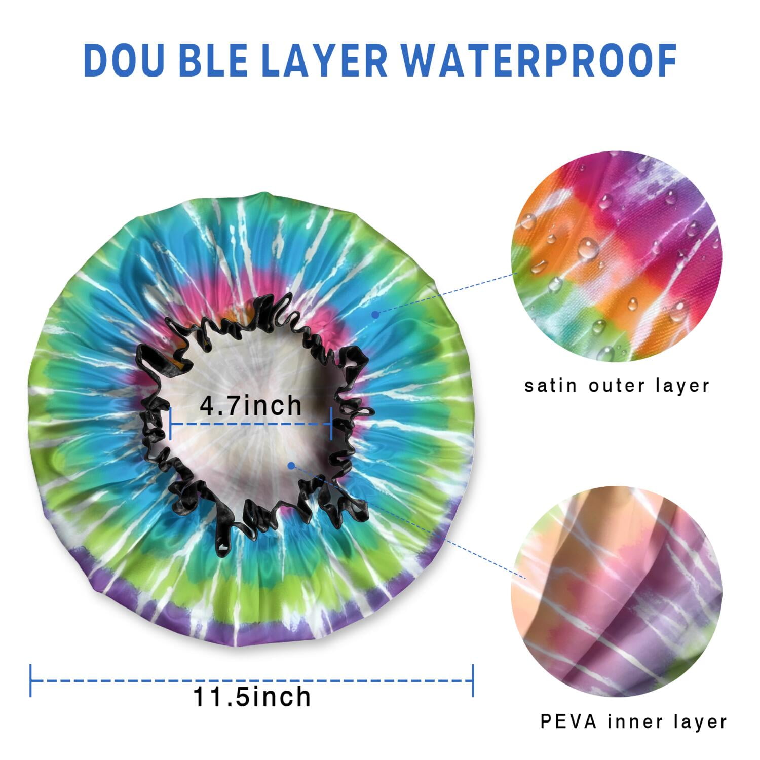 Shower Caps,Rainbow Tie Dye Mandala Pattern Waterproof Shower Cap for Women 4 Pieces,Double Reusable Hair Cover for Shower PEVA Elastic Stretch Hem