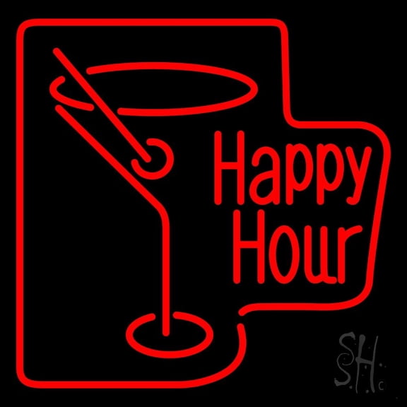 Martini Glass Happy Hour LED Neon Sign 24 x 24 - inches, Clear Edge Cut Acrylic Backing, with Dimmer - Bright and Premium built indoor LED Neon Sign for Bar decor.