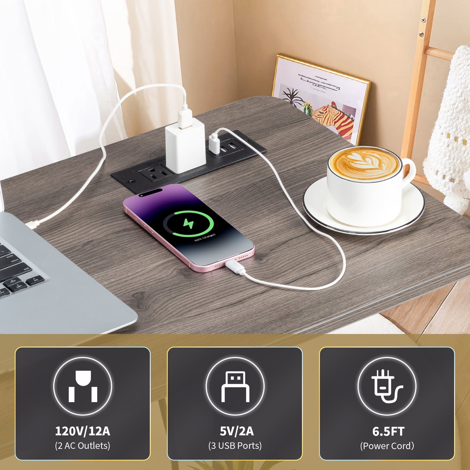 Zimtown Rolling Computer Laptop Desk Adjustable Side Table Sofa End Cart PC Tray with Charging Station