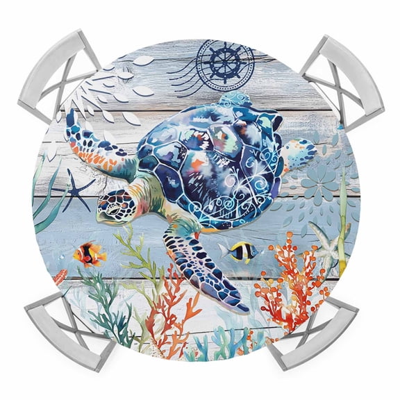 Sea Turtle Coastal Round Tablecloth for 36-44 Inch Tables,Fitted Table Cover with Elastic Edge,Summer Beach Coral Starfish Wooden Waterproof Outdoor Table Cloth Protector for Patio Garden Dinner