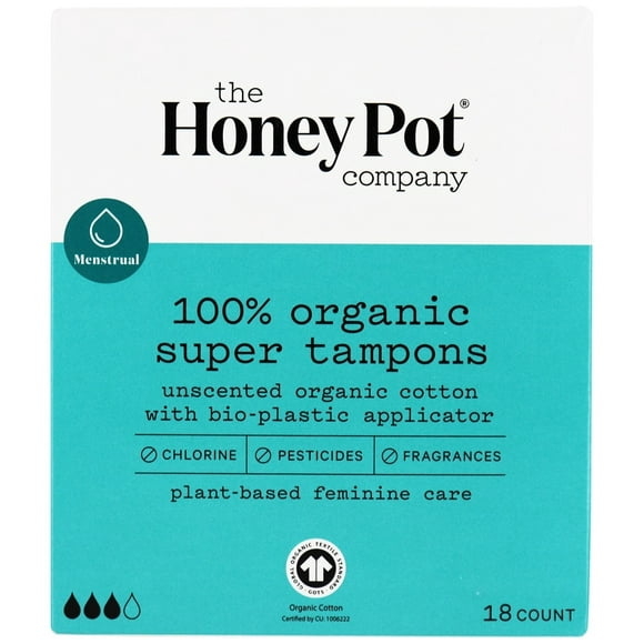 The Honey Pot Company - Super Tampons 100% Biologiques avec Applicateur Bio-Plastique Non Parfumé - 18 Comte