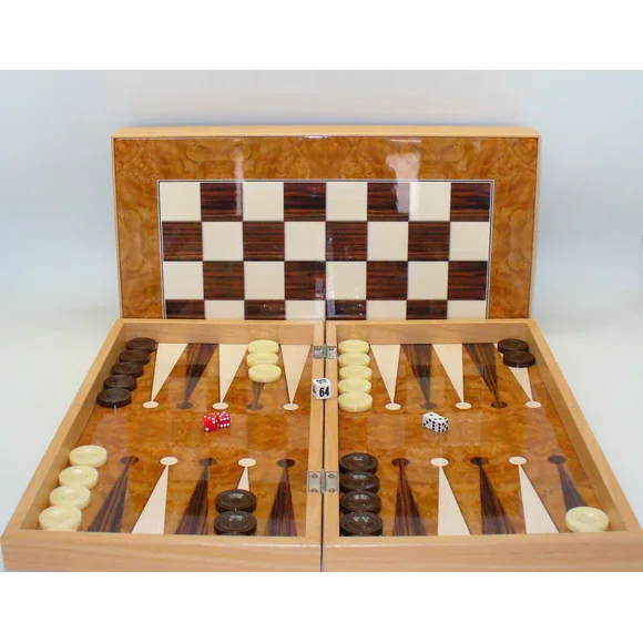 Backgammon: 19" Burlwood Decoupage avec Échiquier Backgammon, Échecs & Jeu de Dames Inclus