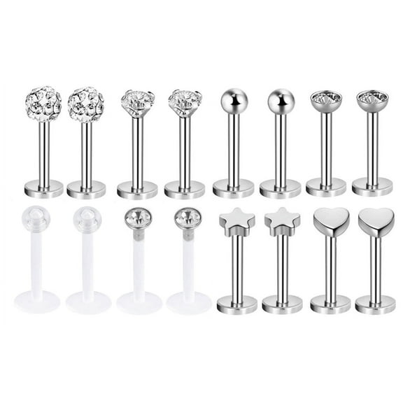 ZS 16Pcs/Set 16G Cubic Zirconia Medusa Monroe Labret Lip Piercing Heart Star Tragus Helix Earrings Piercing