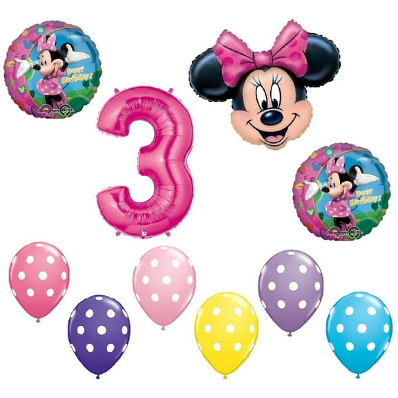 MINNIE MOUSE #3 3rd Pink Bow Birthday Party Decoration Mylar & Latex Balloon Set