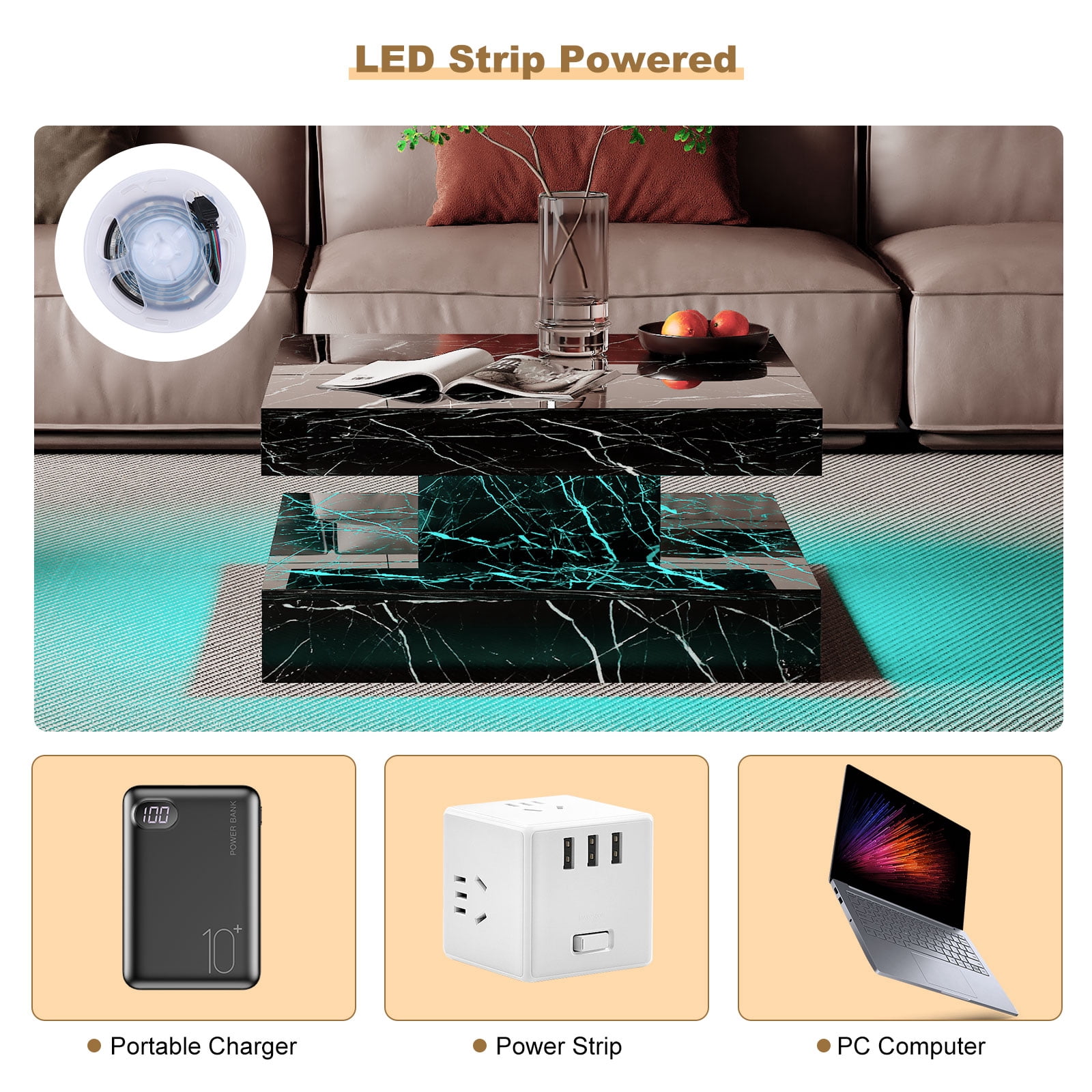 Hironpal Hironpal Modern Black Marble Square LED Coffee Table - 2-Tier Storage, 20-Color LED Light, Contemporary Glossy Cocktail Tea Table for Home Office Reception