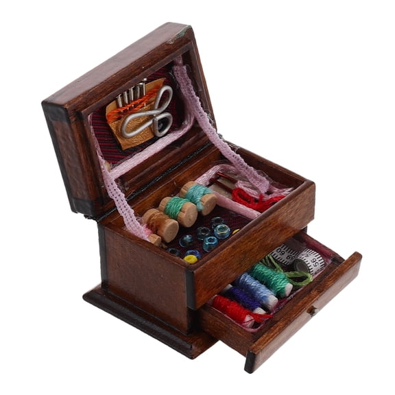 OUNONA Vintage Wooden Sewing Box Miniature Furniture for Dollhouse Use Realistic Scale Classical Style