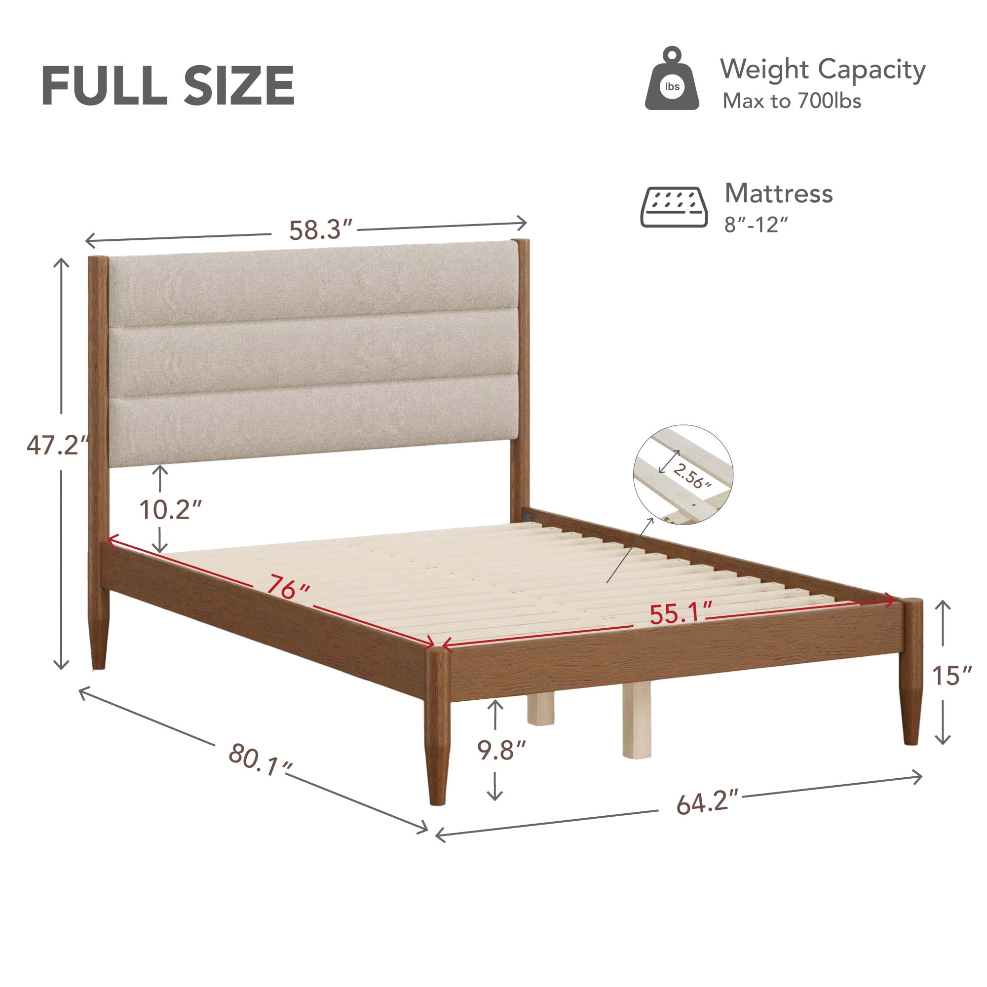 Spruce & Spring Farmhouse Full Upholstered Bed Frame, Solid Rubberwood Frame, Oatmeal Boucle Headboard, Noise-Free, No Box Spring Required, Walnut & Oat