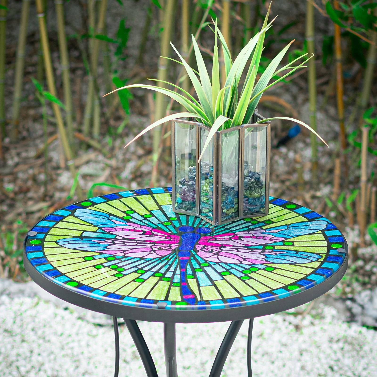 Wonder Garden 21.4"H Side Table Round Dragonfly Plant Stand Accent Yellow End Table Coffee Table for Garden, Patio, Porch