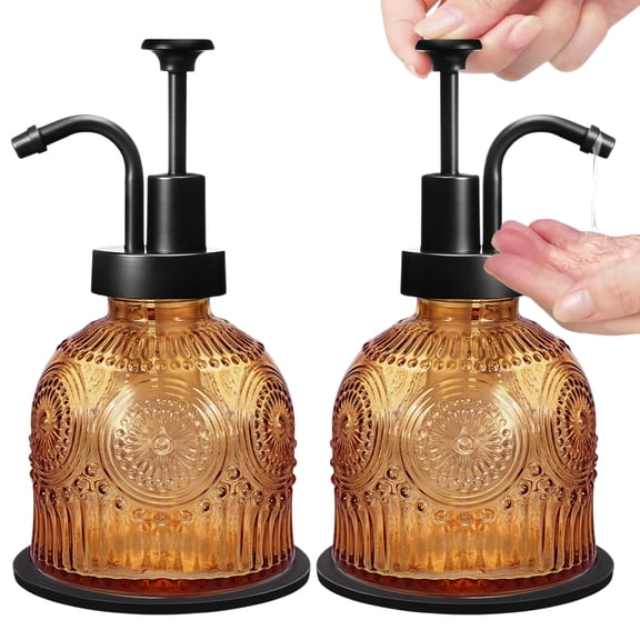 GIRACOA 2 Pack Vintage Soap Dispenser with Pump, 8 oz Glass Refillable Soap Dispenser with 2 Non-Slip Pads for Bathroom & Kitchen Sink