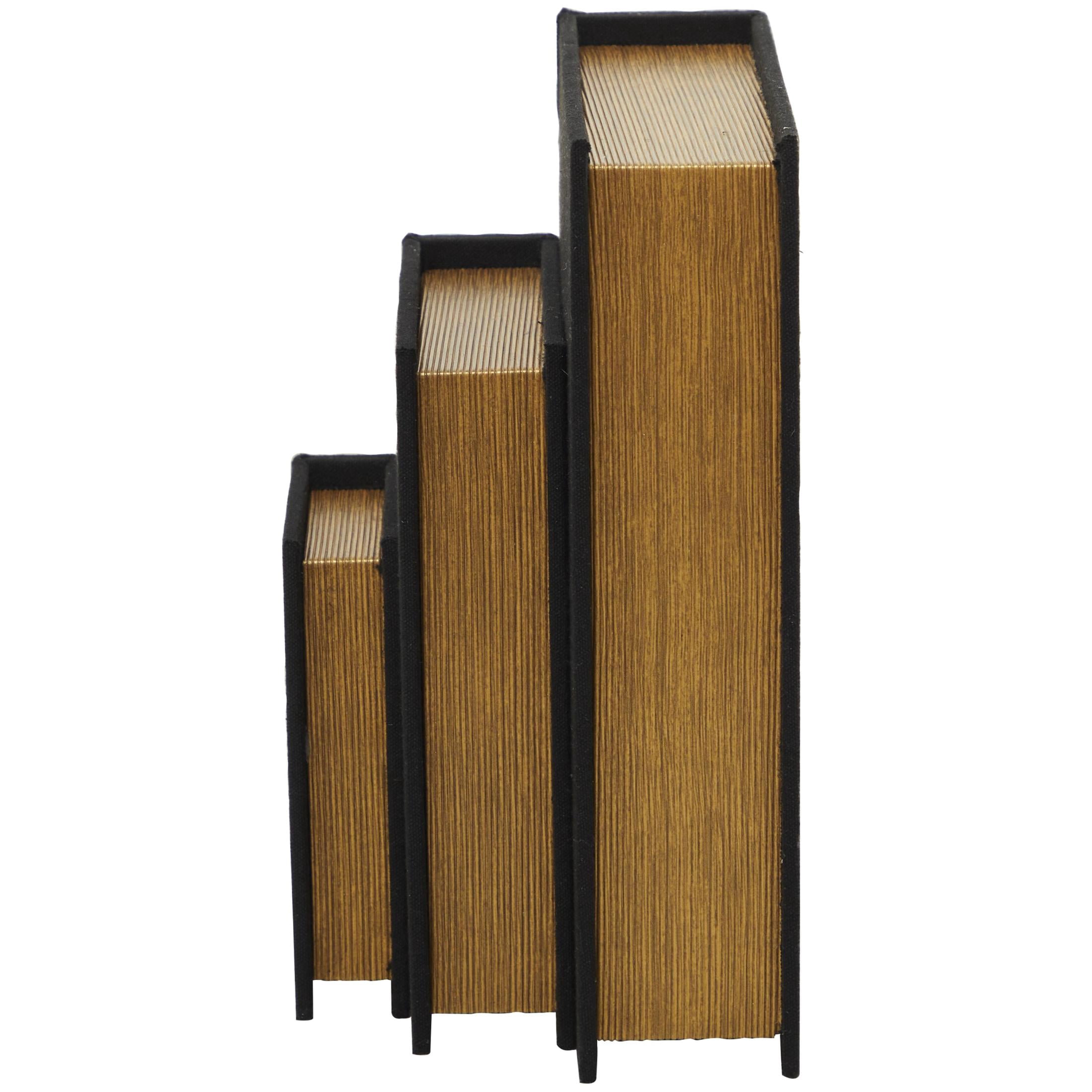 DecMode Textured Faux Book Storage Black Linen Fabric Decorative Box with Gold Page Detailing, 3 Count