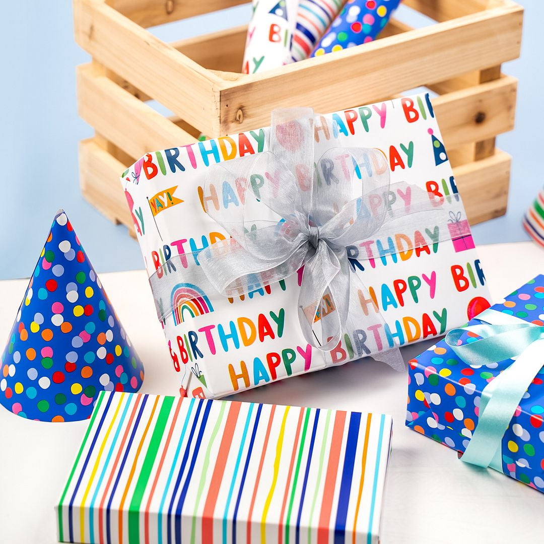 MAYPLUSS Birthday Wrapping Paper Roll - Mini Roll - 17.3 Inch X 32.8 Feet -  Pink Design - Colorful Hat/Birthday Text (47.3 sq.ft.ttl)