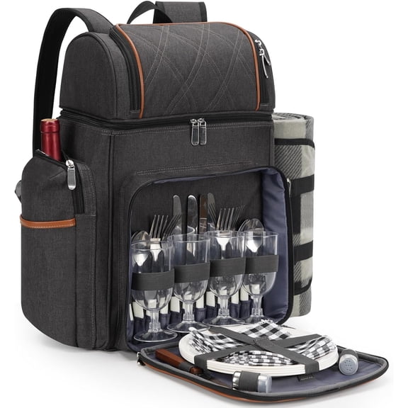 Picnic Backpack for 4, Picnic Basket Set, Leakproof Picnic Bag, Beach Cooler Backpack with Insulated Cooler Wine Pouch,Picnic Blanket, Double Deck Picnic Backpack for Beach,Camping,Park (Brown)