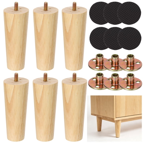 6 Pcs Wooden Furniture Legs with Anti-Slip Rubber Pads and Mounting Screws, 4.7 in Tapered Sofa Legs Wood with M8 Threaded Bolts, Replacement Wood Feet for Cabinet Couch Bed Ottoman