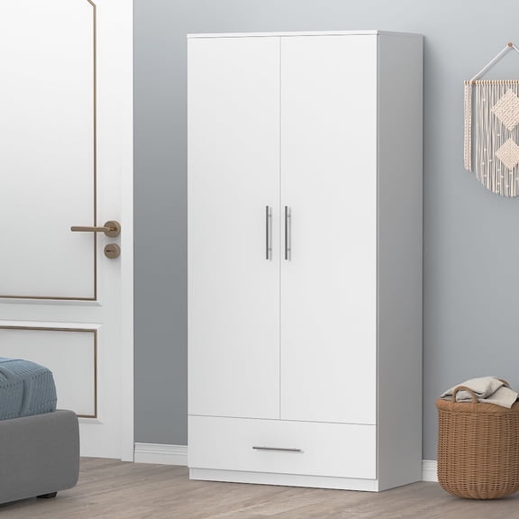 KULAGAGA Wardrobe Storage Cabinet, Armoire Closet Organizer with Drawer and Hanging Rod, White