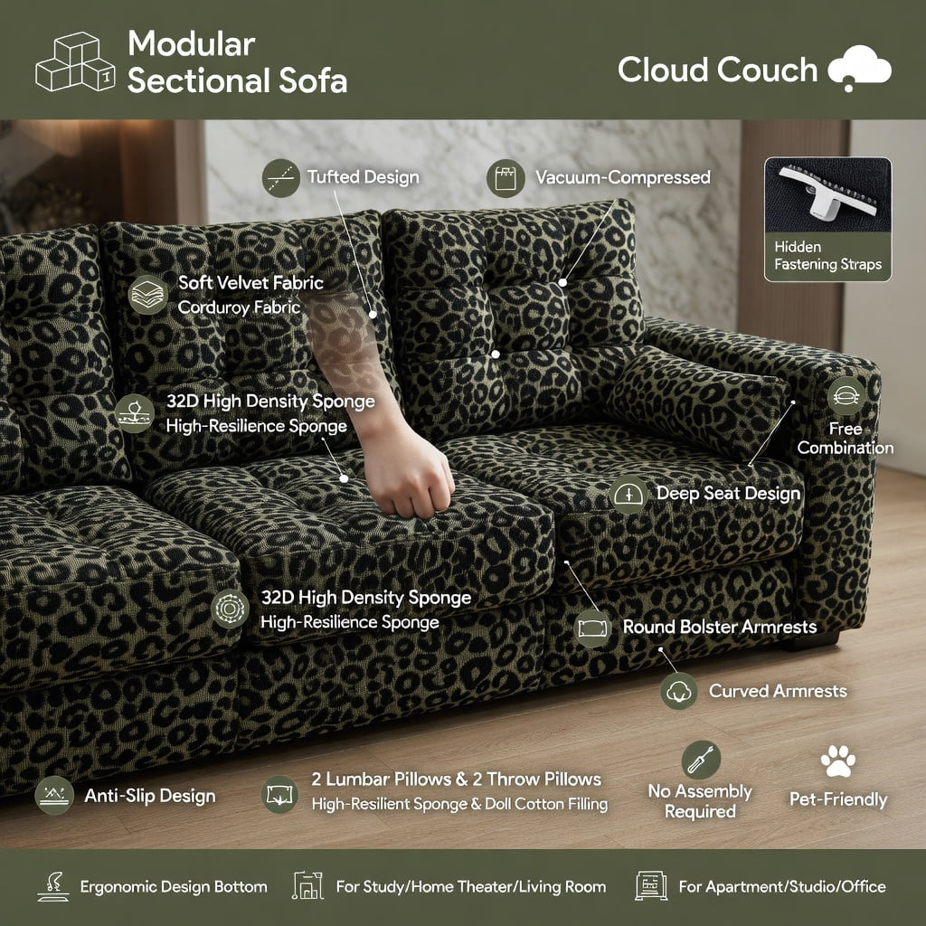 Hommoo 131" Modern Leopard Print Chenille L-Shaped Sofa Set with Movable Ottoman, Tassel Trim & Ergonomic Deep Seat, 4-Seat Modular Living Room Sofa, Green Black