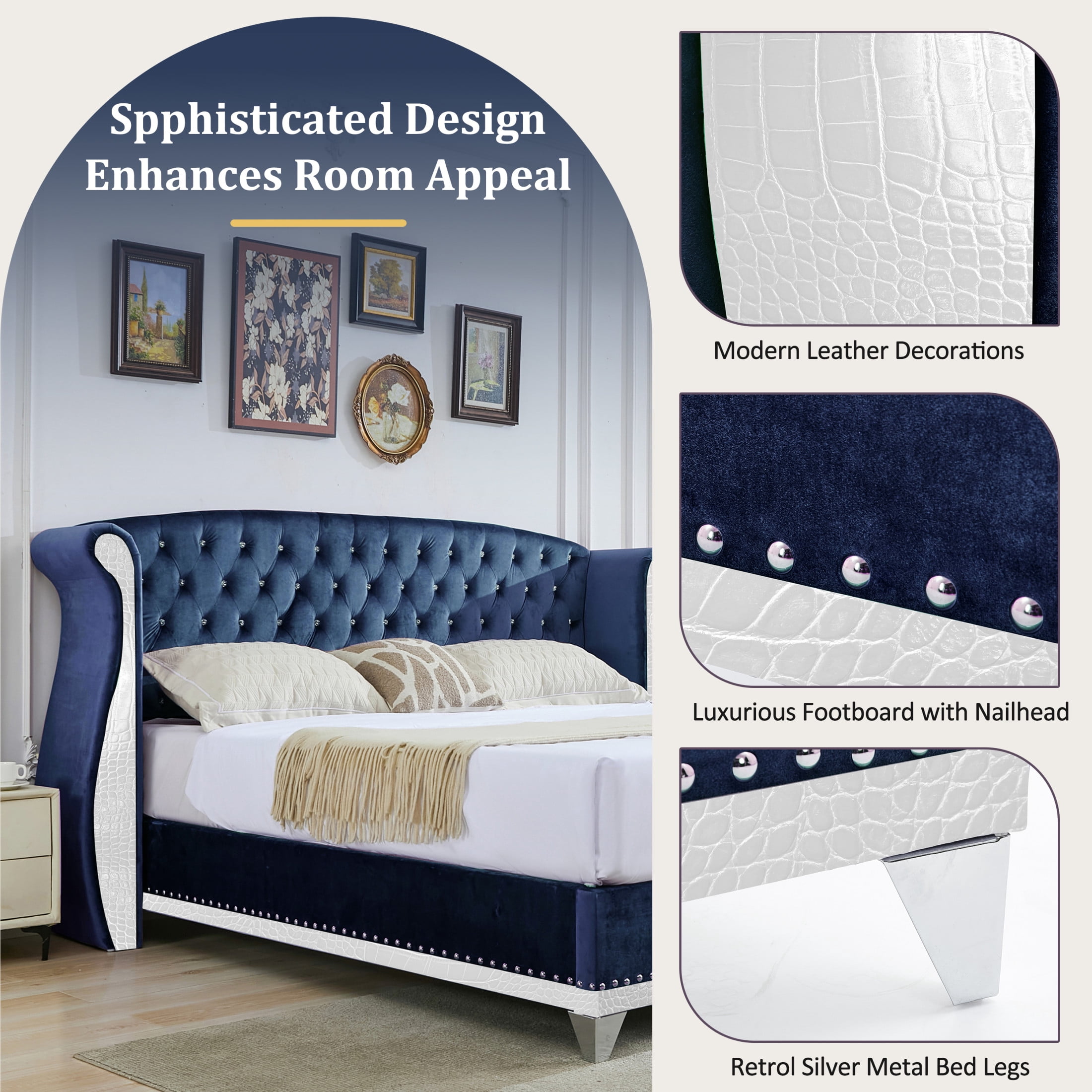 Christopher Knight Home King Velvet Platform Bed Frame with Nailhead Trim, Button-Tufted Wingback Headboard, Blue