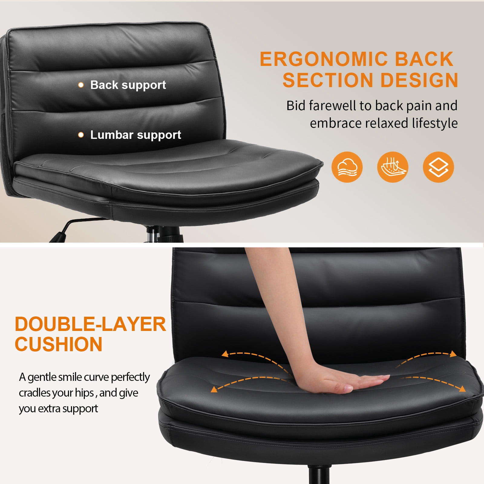 COMHOMA Armless Office Desk Chair with Wheels, PU Leather Padded Cross Legged Office Chair, Modern Swivel Vanity Chair Height Adjustable Wide Seat Computer Task Chair, Balck