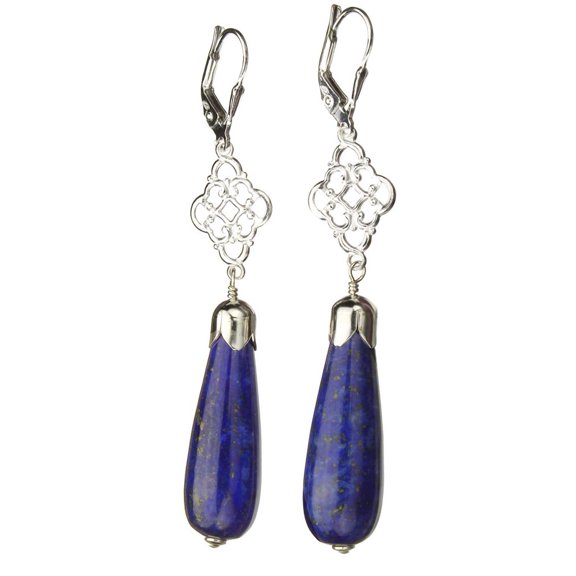 Blue Lapis Stone Teardrop Beads Sterling Silver Floral Link Leverback Earrings