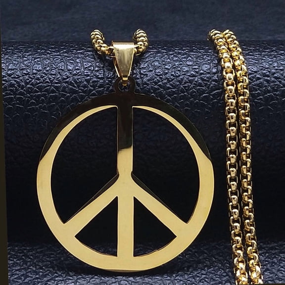 Stainless Steel Peace Sign Pendant Necklaces Rock and Roll style Golden 23.62 inch(60cm)