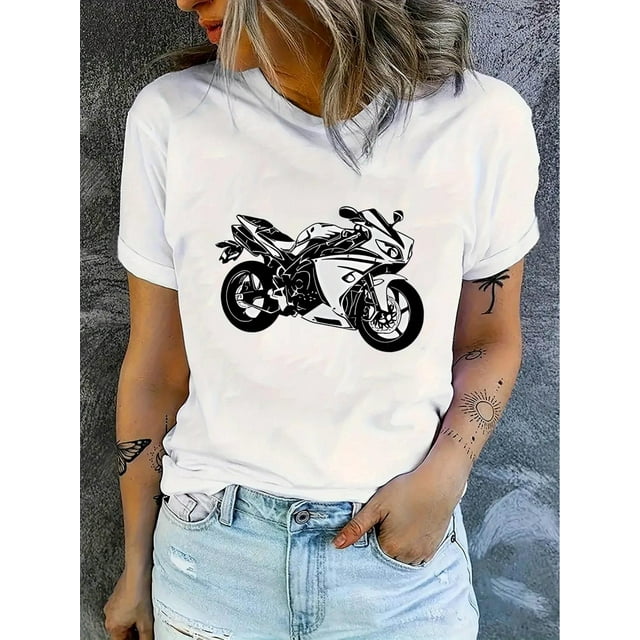 1pc Women'S Casual Crew Neck T-Shirt with Geometric Motorcycle Print, Polyester Knit Fabric, Medium Stretch, All-Season Fashion Top