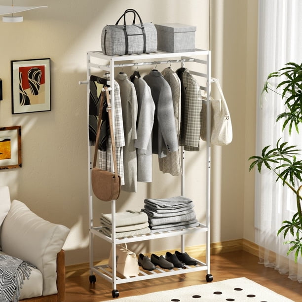 GETHFSA Bamboo Clothing Rack with Hanging Rod & Storage Shelves, Mobile Garment Stand with Wheels, Heavy-Duty Wardrobe Organizer, White, Free-Standing