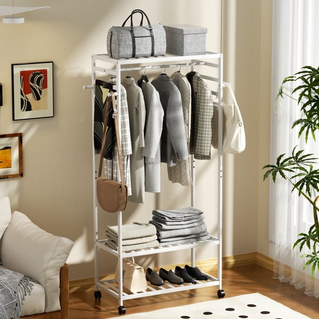 GETHFSA Bamboo Clothing Rack with Hanging Rod & Storage Shelves, Mobile Garment Stand with Wheels, Heavy-Duty Wardrobe Organizer, White, Free-Standing
