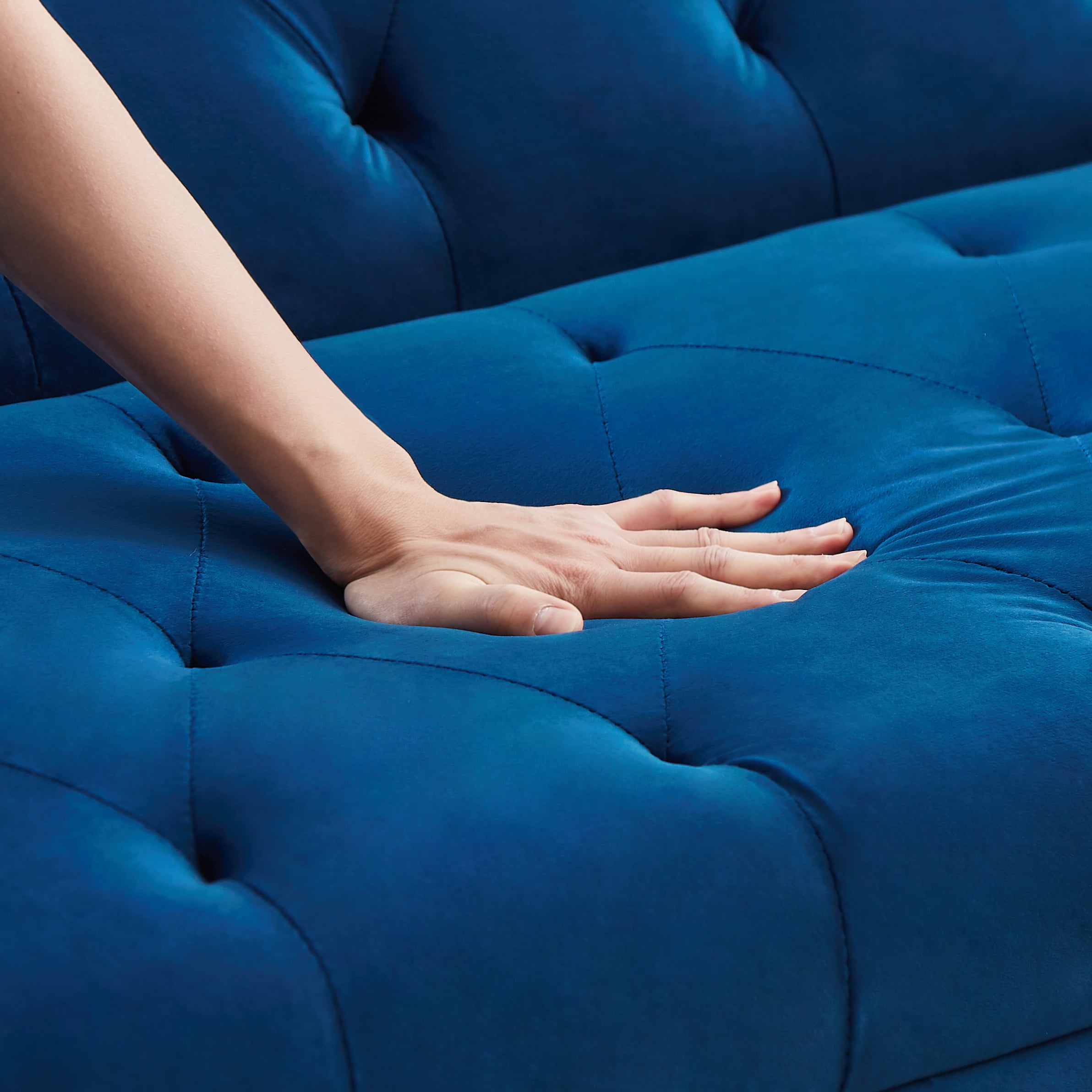 Bianlte Velvet Futon 71" x 37.79" x 29.92" Convertible Backrest Angles with Gold Metal Legs, Blue