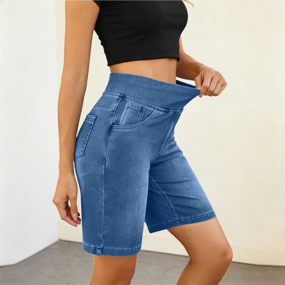 Zormilly Jean Shorts for Women, High Waist Solid Stretchy Slim Denim Shorts, Knee Length Bermuda Casual Shorts, S-2XL