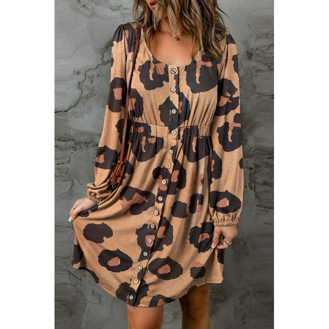 a.Jesdani Robe Bouffante Léopard Chic : Encolure Boutonnée Sans Effort Isexur✨