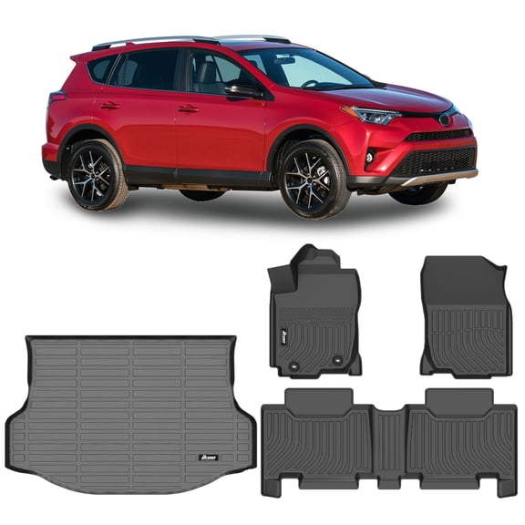 Ikon Motorsports 3D Molded TPE Floor Mats   Trunk Mat Fits 2013-2018 Toyota RAV4, Black Waterproof Non-Slip Floor Liners, Front 2nd Row Carpets 4PCS