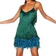 thumbnail image 1 of Robe de Soirée Femme Double Décolleté Profond Aguichant Robe à Bretelles Franges Sequins Plume Robe Formelle Femme Verte TTTG, 1 of 7