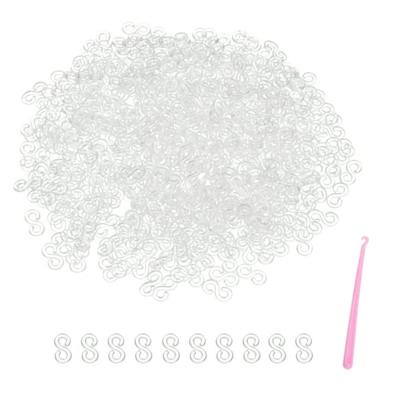 Uxcell S Clips for Loom Bracelets, Rubber Band Bracelet Clip Clear Plastic Connectors Refills Kit with Pink Crochet Hook for Loom Bracelets Making DIY(White, Pack of 1000)