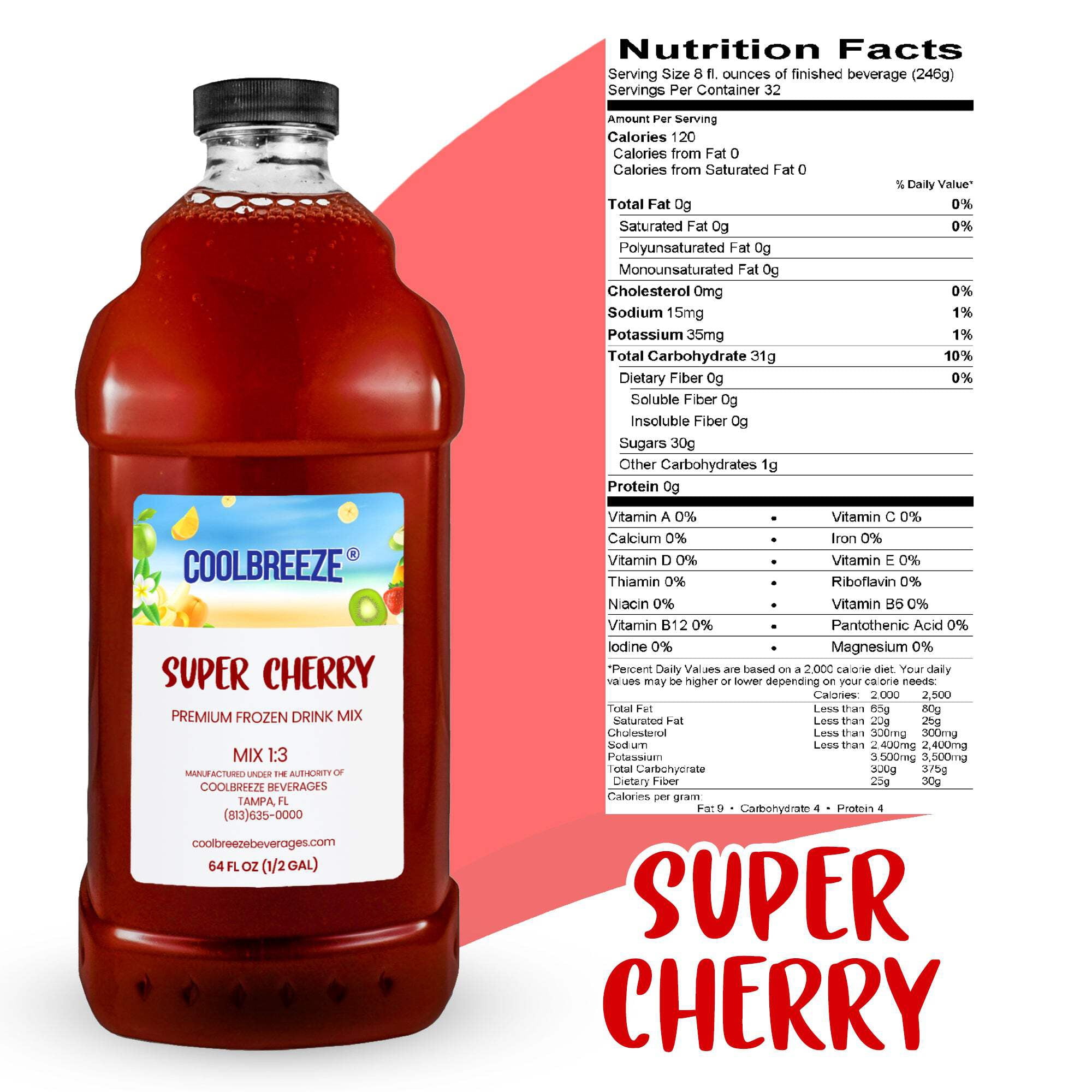 Coolbreeze Beverages Ready  To Use Shelf Stable Premium Frozen Drink Fruit/Drink Mix - 1/2 Gal (64fl oz) Bottle - Super Cherry  Flavor