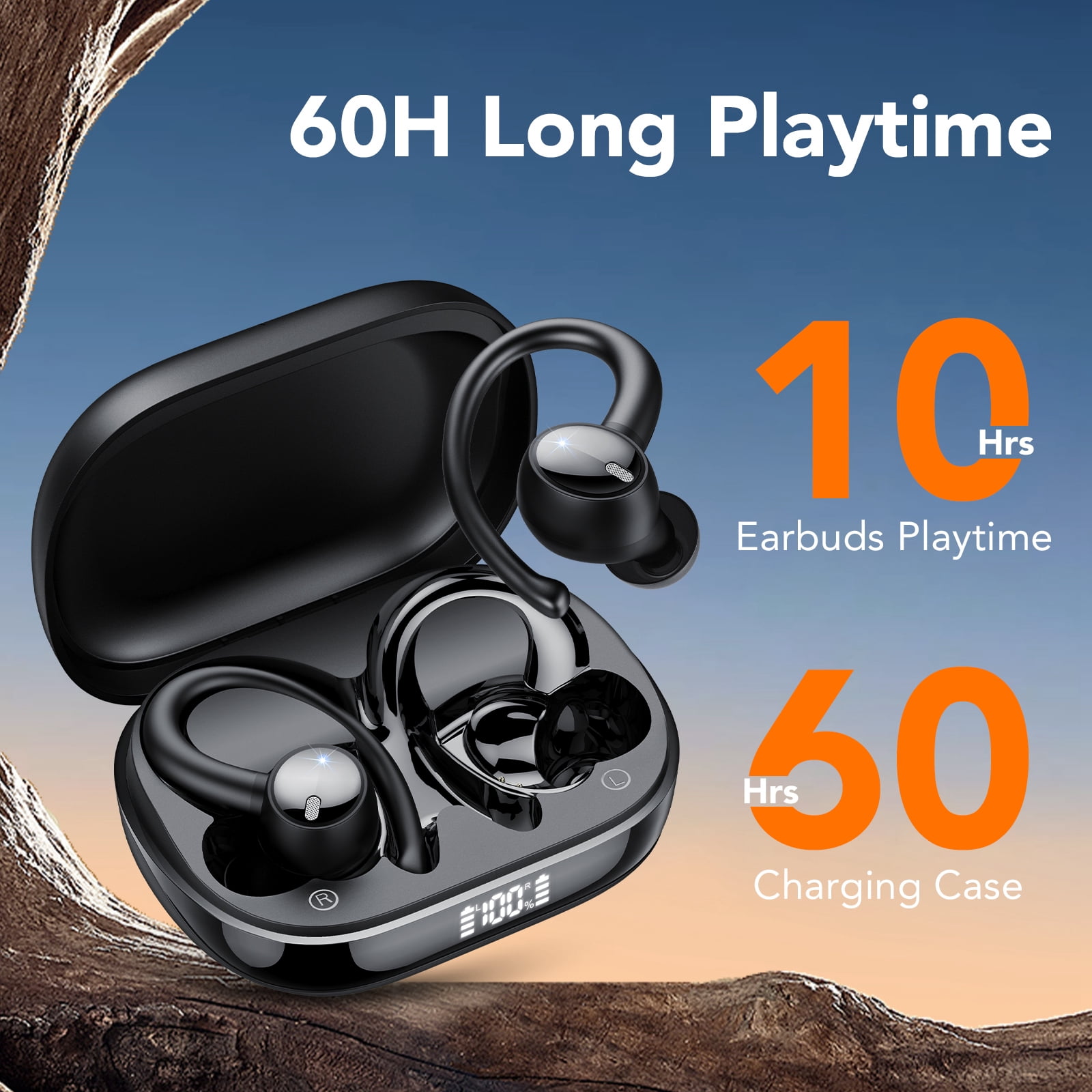 Bluetooth Headphones 5.4, 60Hrs Playtime Wireless Earbuds, Bass Boost 85%, Over-Ear Headphones Built-in 4 ENC Mics, IPX7 Waterproof Ear Buds with Earhook for Exercise Running Sports Black