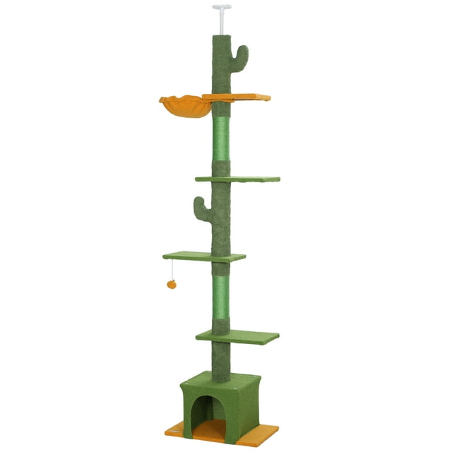 CoSoTower Floor to Ceiling Cat TreeTower with 90.5"-108" Adjustable Height, Scratching Posts, Hammock, Comdo, Toy Ball, Green