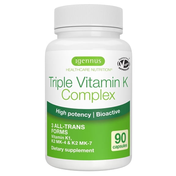 Igennus High Strength Triple Vitamin K Complex 2700 mcg, K1 & K2 (MK-4 & MK-7), Advanced Bioactive Forms, Bone & Cardiovascular Support, Clean Label, Vegan, 90 Capsules