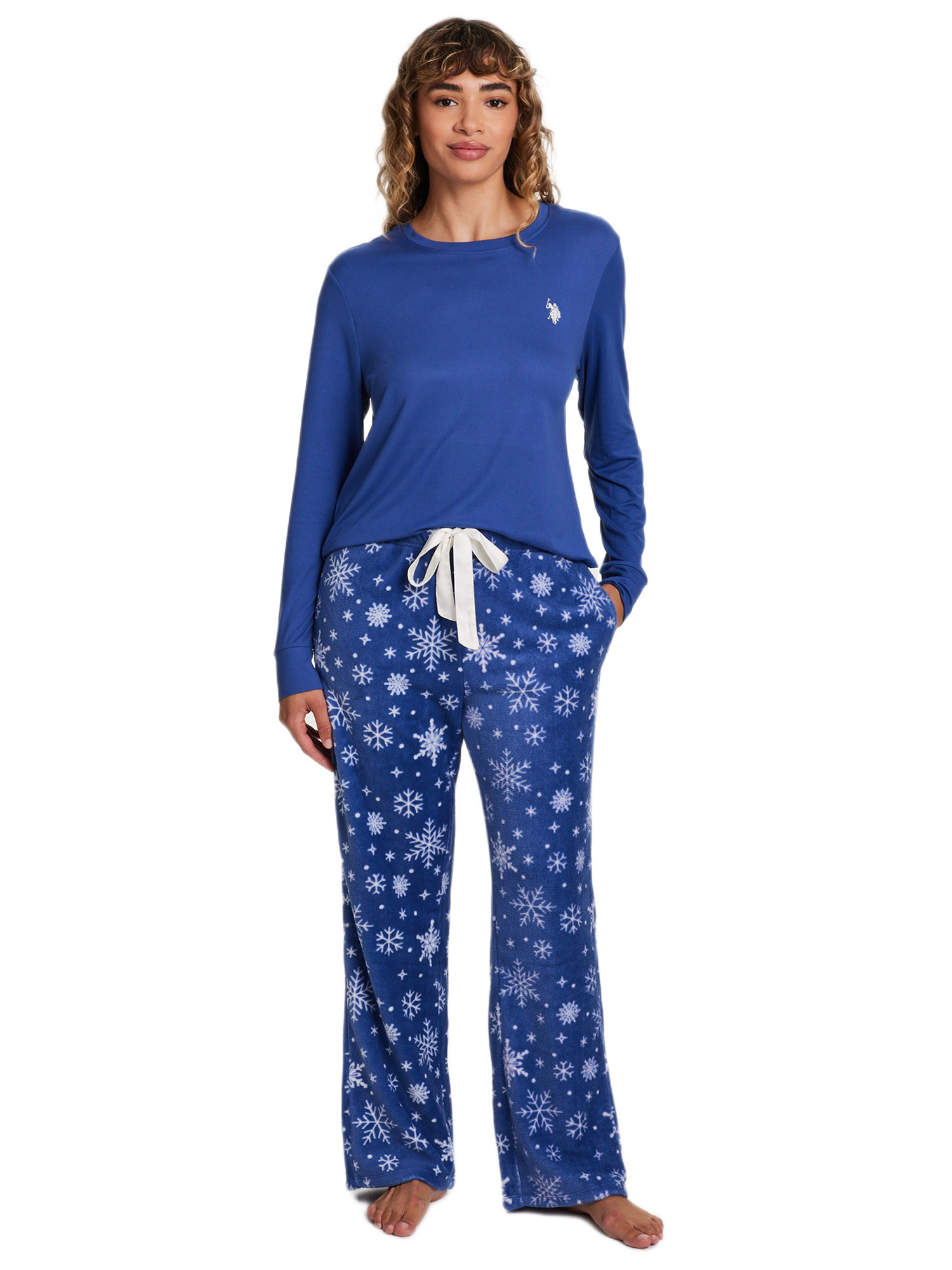 U.S. Polo Assn. Women's Holiday Giftable Long Sleeve Top and Plush Pant Pajama Sleep Set, 2-Piece, Sizes S-3X