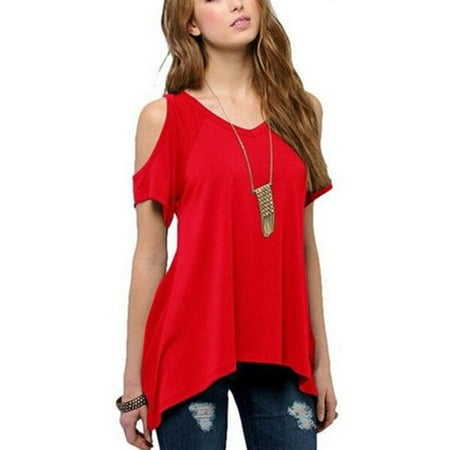 - S-4XL Women Summer Casual V-Neck Off Shoulder Short Sleeve T-Shirt Solid Color Tops