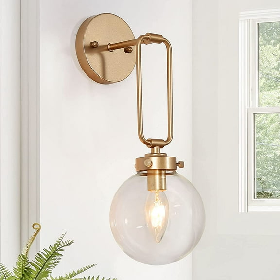 Wall Sconces, Globe Sconces Wall Lighting, 1-Light Gold Vanity Light with Clear Glass Shade for Hallway & Kitchen, 5’’ L x 10’’ W x 14.5’’ H