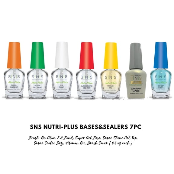 SNS Nutri-Plus Bases&Sealers 7pc - Brush-On Glue, E.A Bond, Super Gel Base,Super Shine Gel Top,Super Sealer Dry, Vitamin Oii, Brush Saver ( 0.5 oz each)
